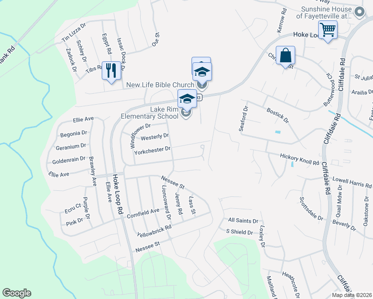 map of restaurants, bars, coffee shops, grocery stores, and more near 4945 Yorkchester Drive in Fayetteville