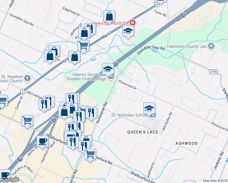 map of restaurants, bars, coffee shops, grocery stores, and more near 2526 Gunbarrel Road in Chattanooga