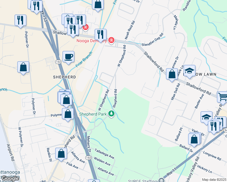 map of restaurants, bars, coffee shops, grocery stores, and more near 2174 West Shepherd Road in Chattanooga