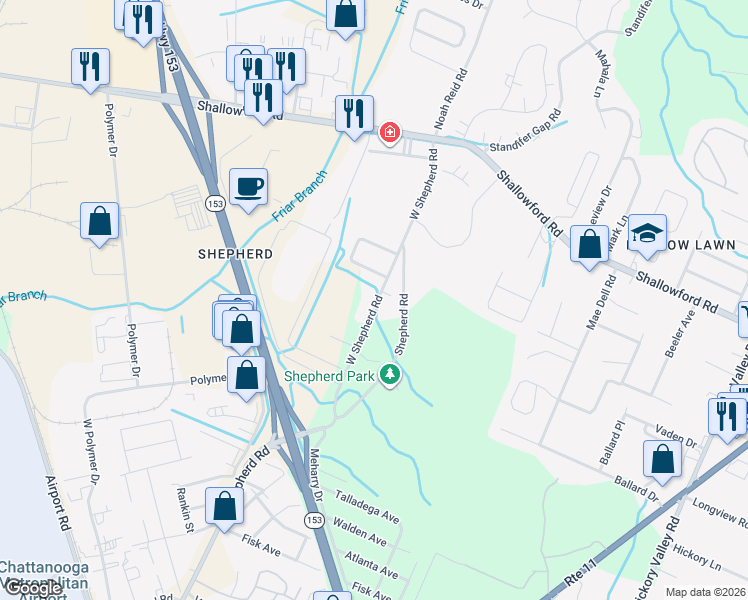 map of restaurants, bars, coffee shops, grocery stores, and more near 2163 West Shepherd Road in Chattanooga