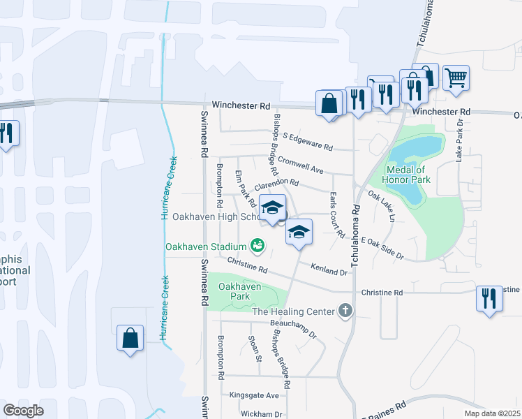 map of restaurants, bars, coffee shops, grocery stores, and more near 3701 Elm Park Road in Memphis