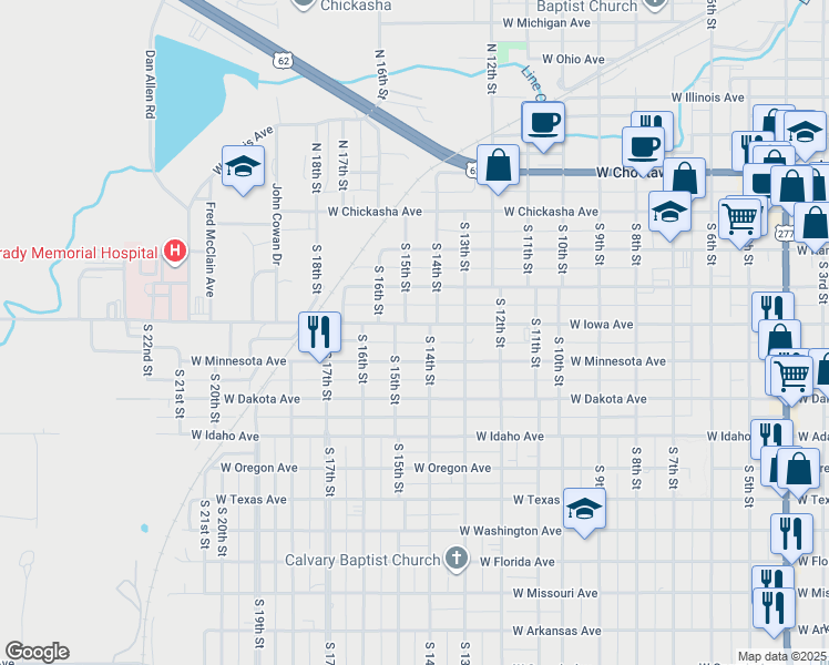 map of restaurants, bars, coffee shops, grocery stores, and more near 1417 West Iowa Avenue in Chickasha