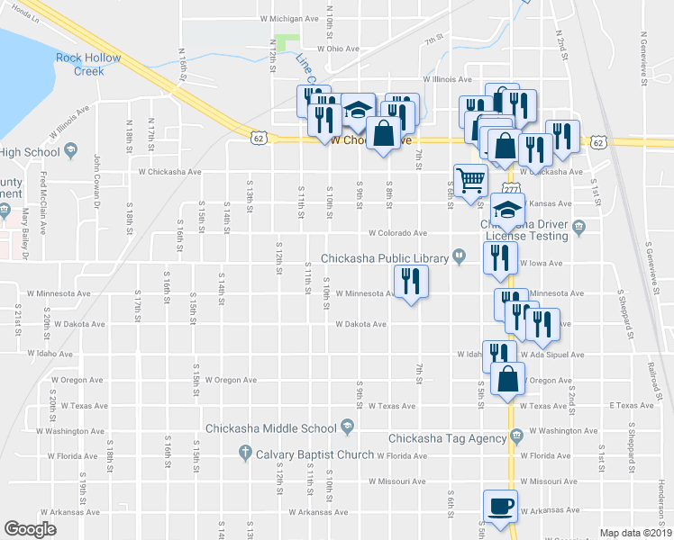 map of restaurants, bars, coffee shops, grocery stores, and more near 923 West Iowa Avenue in Chickasha
