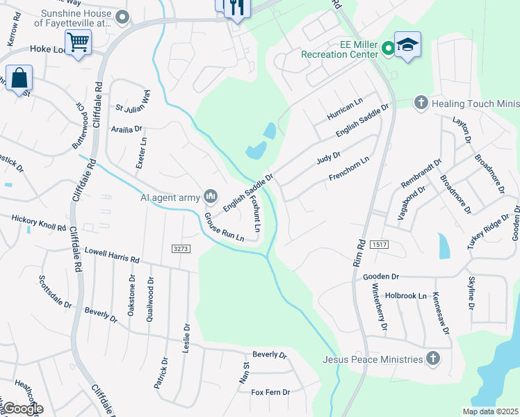 map of restaurants, bars, coffee shops, grocery stores, and more near 919 Foxhunt Lane in Fayetteville