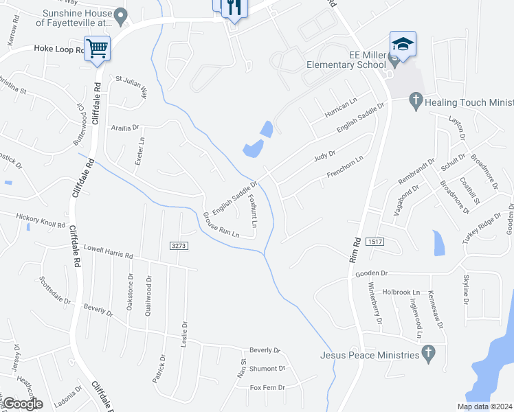 map of restaurants, bars, coffee shops, grocery stores, and more near 919 Foxhunt Lane in Fayetteville