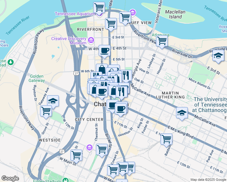 map of restaurants, bars, coffee shops, grocery stores, and more near 738 Market Street in Chattanooga