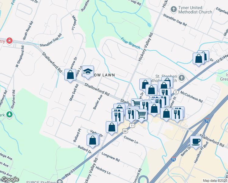 map of restaurants, bars, coffee shops, grocery stores, and more near 6712 Larkwood Lane in Chattanooga