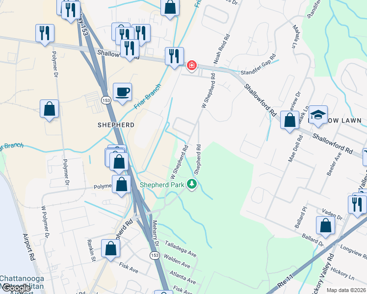 map of restaurants, bars, coffee shops, grocery stores, and more near 2163 West Shepherd Road in Chattanooga