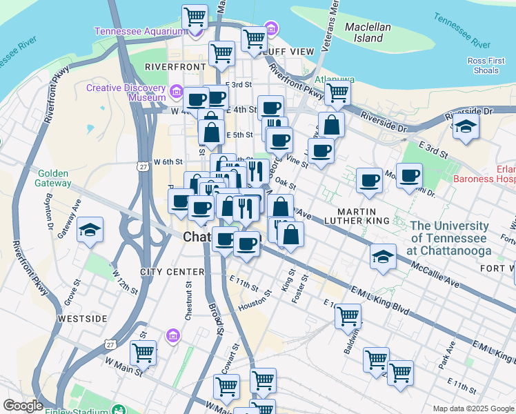 map of restaurants, bars, coffee shops, grocery stores, and more near 736 Georgia Avenue in Chattanooga