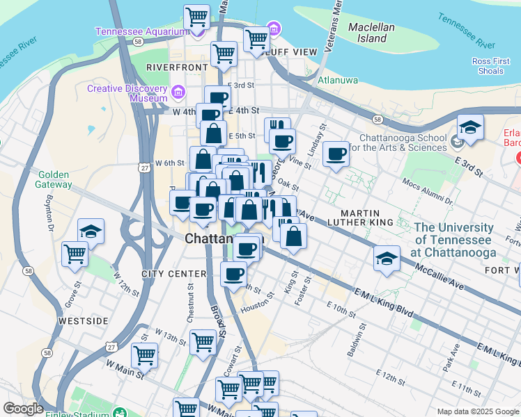 map of restaurants, bars, coffee shops, grocery stores, and more near 736 Georgia Avenue in Chattanooga