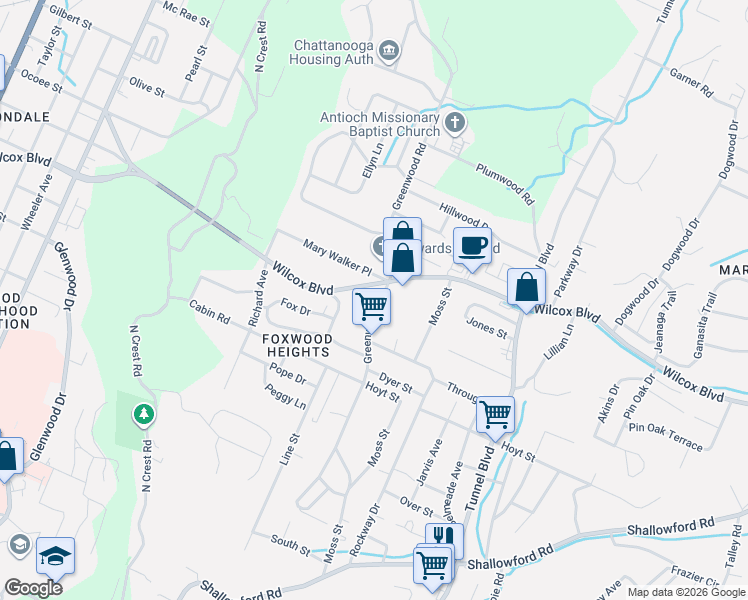 map of restaurants, bars, coffee shops, grocery stores, and more near 1319 Greenwood Road in Chattanooga
