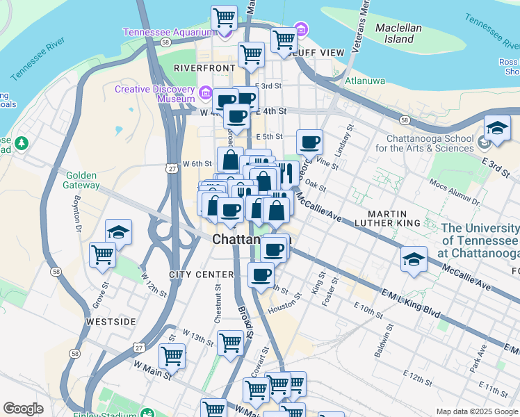 map of restaurants, bars, coffee shops, grocery stores, and more near 736 Market Street in Chattanooga