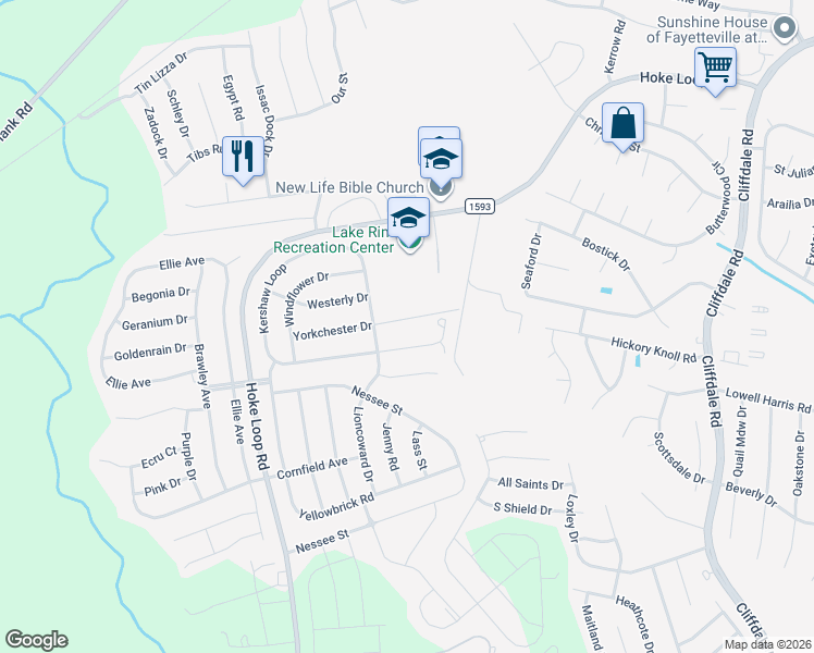 map of restaurants, bars, coffee shops, grocery stores, and more near 4945 Yorkchester Drive in Fayetteville