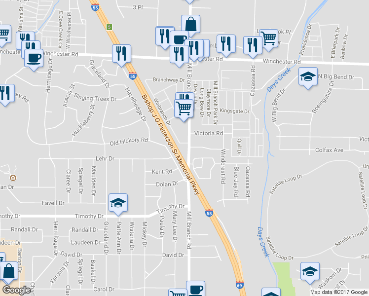 map of restaurants, bars, coffee shops, grocery stores, and more near 3721 Millbranch Road in Memphis