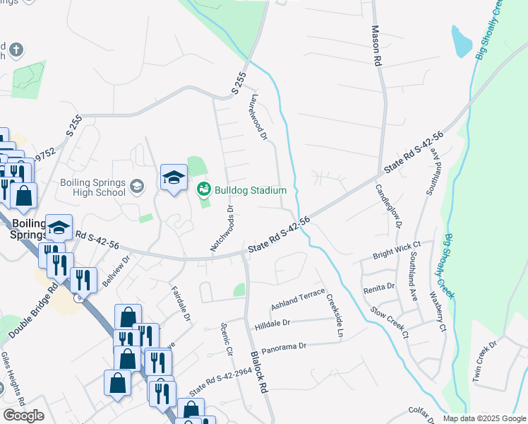 map of restaurants, bars, coffee shops, grocery stores, and more near 107 Colebrook Court in Boiling Springs