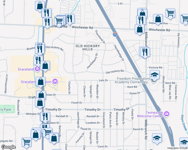 map of restaurants, bars, coffee shops, grocery stores, and more near 1423 Old Hickory Road in Memphis