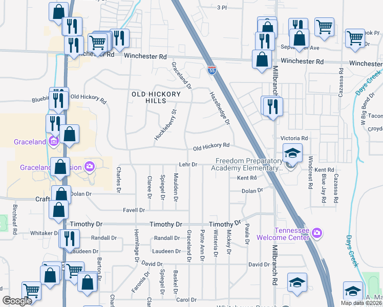 map of restaurants, bars, coffee shops, grocery stores, and more near 1479 Old Hickory Road in Memphis
