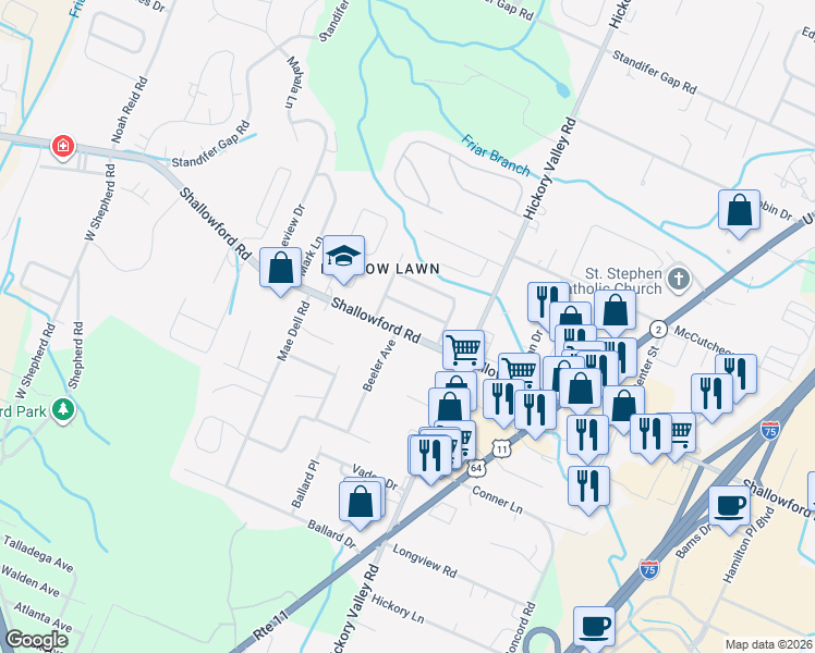 map of restaurants, bars, coffee shops, grocery stores, and more near 6705 Shallowford Road in Chattanooga