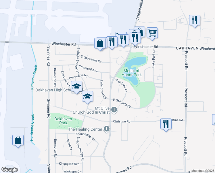 map of restaurants, bars, coffee shops, grocery stores, and more near 3699 Old Tchulahoma Road in Memphis