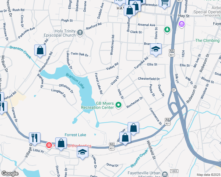 map of restaurants, bars, coffee shops, grocery stores, and more near 525 Vista Drive in Fayetteville