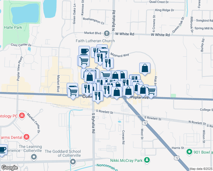 map of restaurants, bars, coffee shops, grocery stores, and more near 240 New Byhalia Road in Collierville