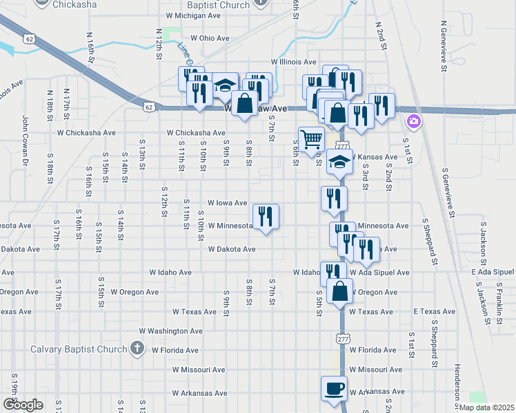 map of restaurants, bars, coffee shops, grocery stores, and more near 803 West Iowa Avenue in Chickasha