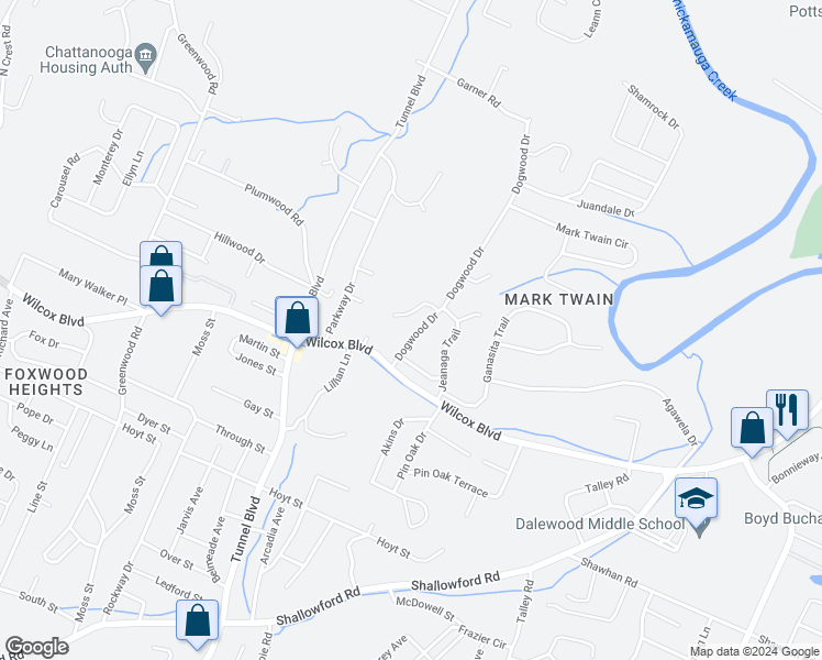 map of restaurants, bars, coffee shops, grocery stores, and more near 1635 Dogwood Drive in Chattanooga