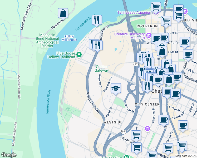 map of restaurants, bars, coffee shops, grocery stores, and more near 953 Boynton Drive in Chattanooga