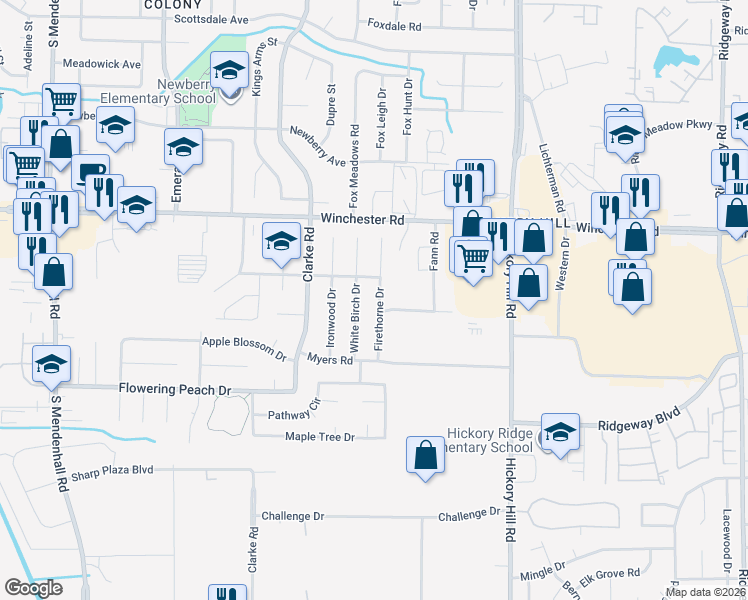 map of restaurants, bars, coffee shops, grocery stores, and more near 3703 Firethorne Drive in Memphis