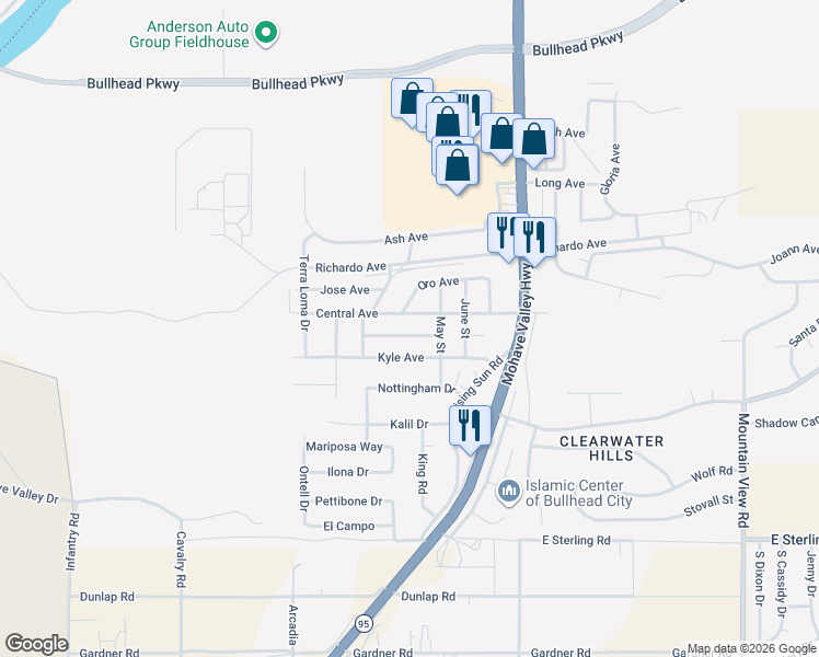 map of restaurants, bars, coffee shops, grocery stores, and more near 1613 De Angelis Avenue in Bullhead City