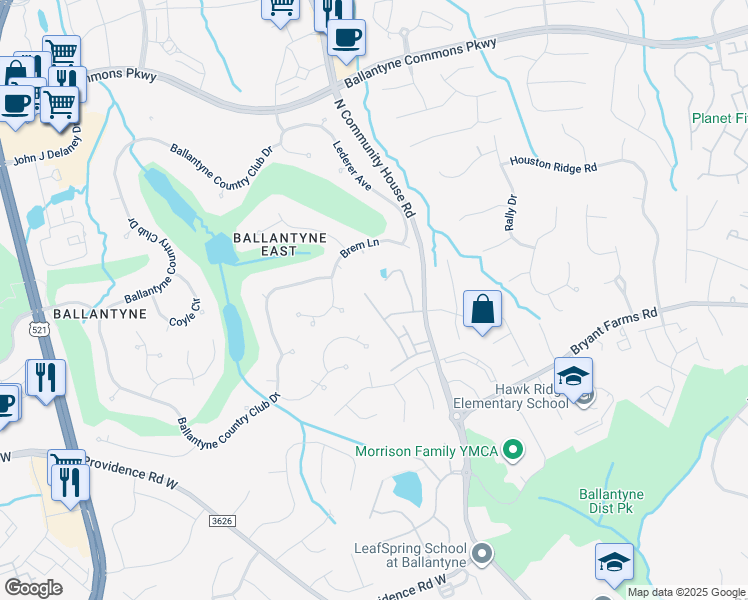 map of restaurants, bars, coffee shops, grocery stores, and more near 13232 Kornegy Drive in Charlotte