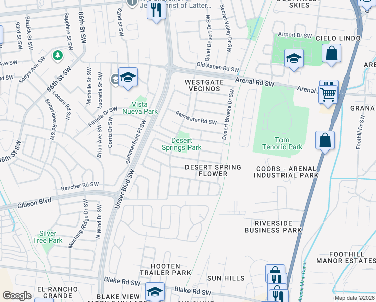 map of restaurants, bars, coffee shops, grocery stores, and more near 7620 April Flower Place Southwest in Albuquerque