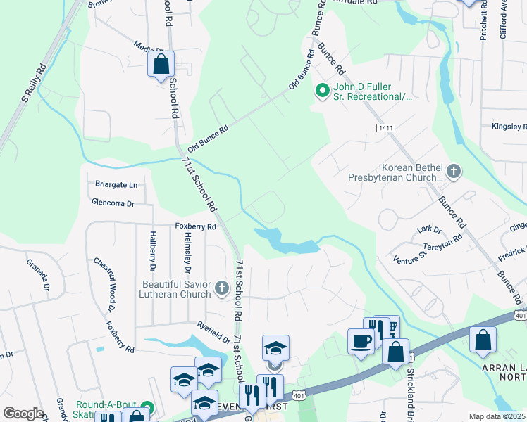 map of restaurants, bars, coffee shops, grocery stores, and more near 1363-1381 71st School Road in Fayetteville