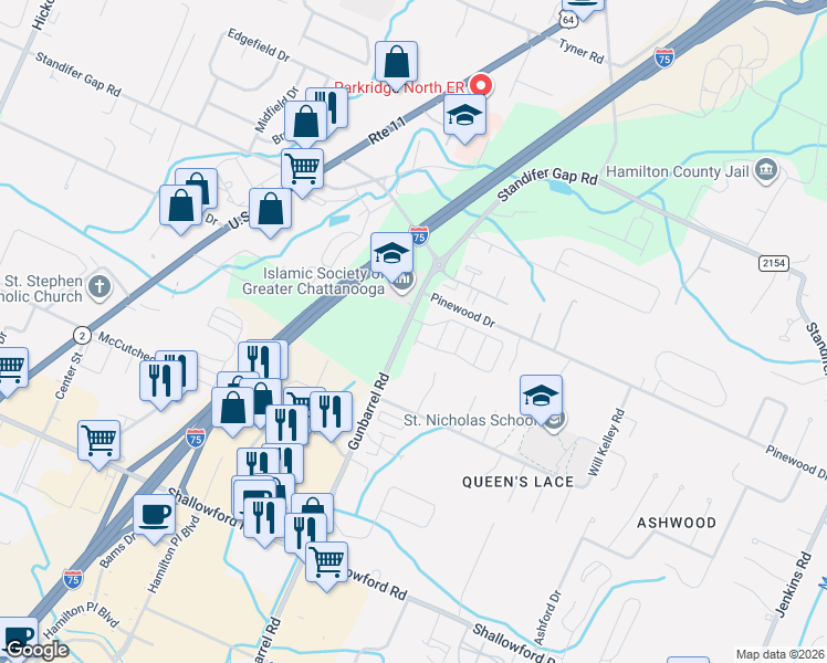 map of restaurants, bars, coffee shops, grocery stores, and more near 2526 Gunbarrel Road in Chattanooga