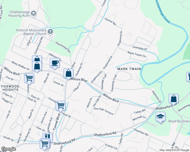 map of restaurants, bars, coffee shops, grocery stores, and more near 1635 Dogwood Drive in Chattanooga