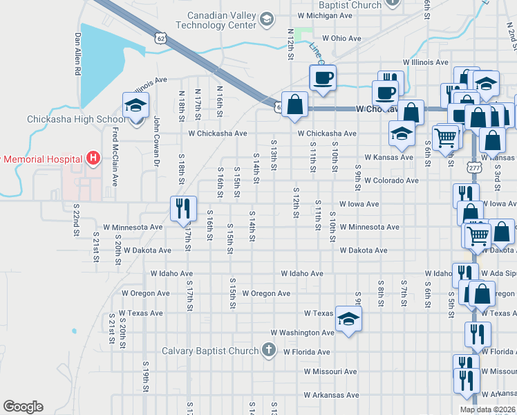 map of restaurants, bars, coffee shops, grocery stores, and more near 1323 West Iowa Avenue in Chickasha