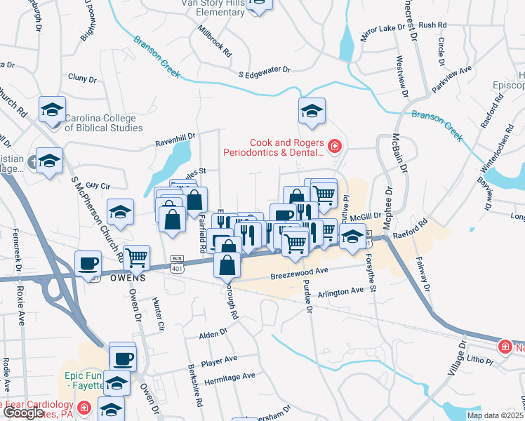 map of restaurants, bars, coffee shops, grocery stores, and more near 140 Willborough Avenue in Fayetteville