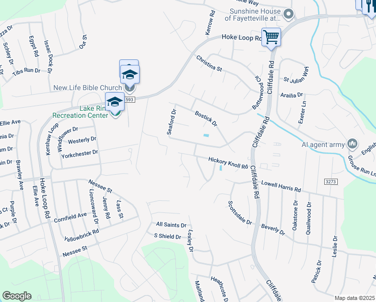 map of restaurants, bars, coffee shops, grocery stores, and more near 5540 Hickory Knoll Road in Fayetteville