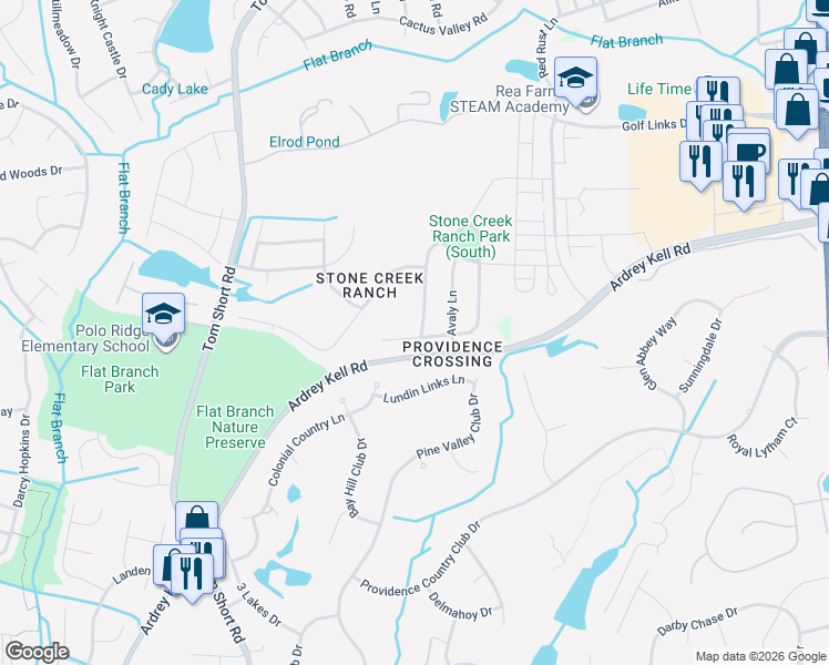 map of restaurants, bars, coffee shops, grocery stores, and more near 11626 Wheat Ridge Road in Charlotte