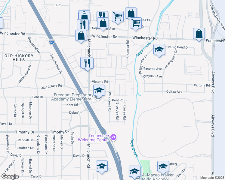 map of restaurants, bars, coffee shops, grocery stores, and more near 3714 Windcrest Road in Memphis