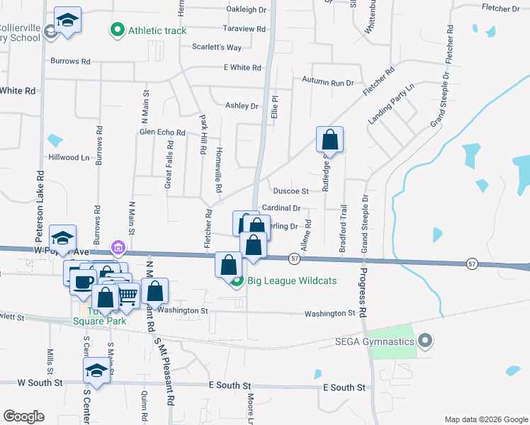 map of restaurants, bars, coffee shops, grocery stores, and more near 415 Cardinal Drive in Collierville