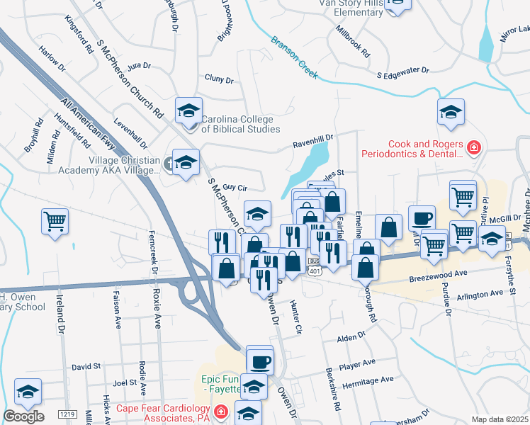 map of restaurants, bars, coffee shops, grocery stores, and more near 3207 Tallywood Drive in Fayetteville