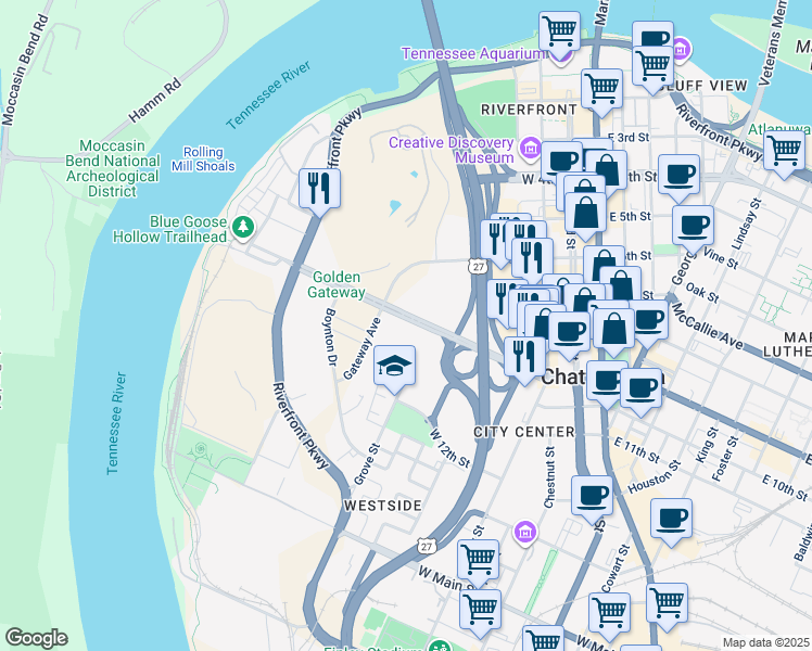 map of restaurants, bars, coffee shops, grocery stores, and more near 440 West Martin Luther King Boulevard in Chattanooga