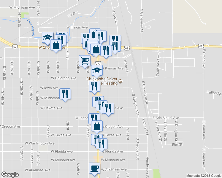map of restaurants, bars, coffee shops, grocery stores, and more near 223 West Iowa Avenue in Chickasha