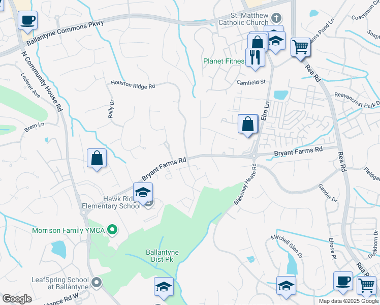 map of restaurants, bars, coffee shops, grocery stores, and more near 8924 Bryant Farms Road in Charlotte