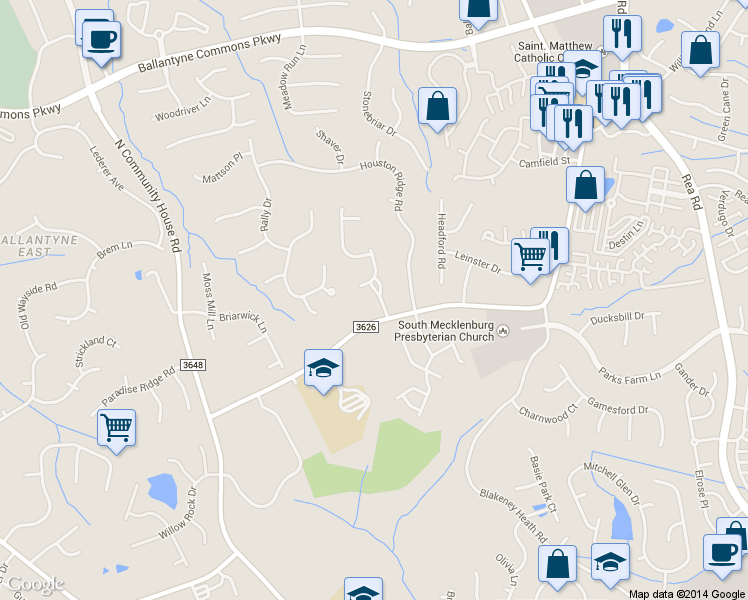 map of restaurants, bars, coffee shops, grocery stores, and more near 8814 Balmoral Park Drive in Charlotte