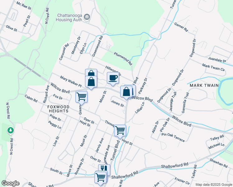 map of restaurants, bars, coffee shops, grocery stores, and more near 3408 Wilcox Boulevard in Chattanooga