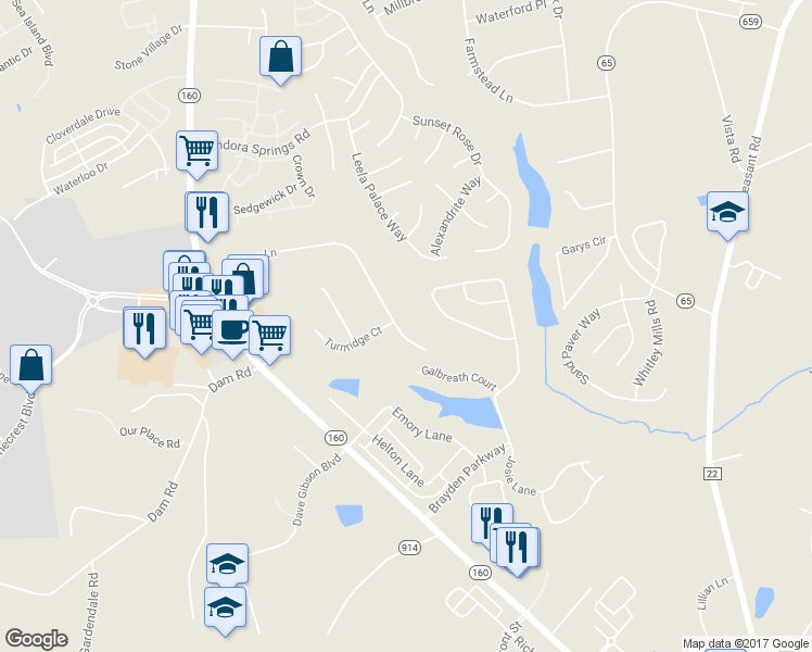 map of restaurants, bars, coffee shops, grocery stores, and more near 1424 Old Tara Lane in Fort Mill
