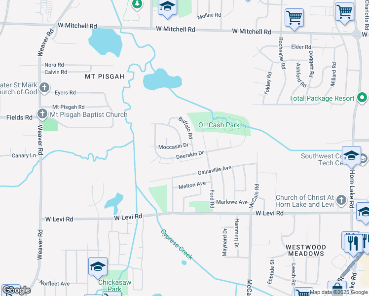 map of restaurants, bars, coffee shops, grocery stores, and more near 595 Moccasin Drive in Memphis