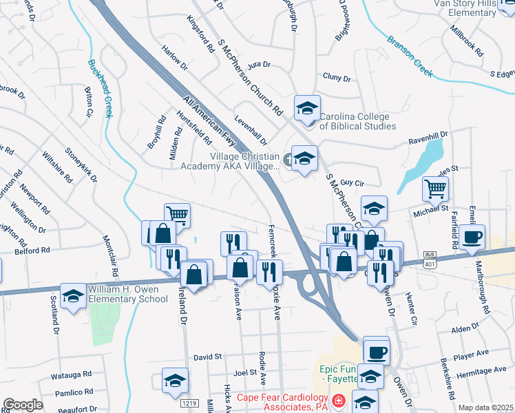 map of restaurants, bars, coffee shops, grocery stores, and more near 4175 Ferncreek Drive in Fayetteville